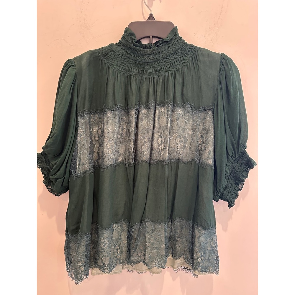 Anthropologie Smocked Lace Inset Blouse Dark Green XL Puff Sleeve Eyelash Trim